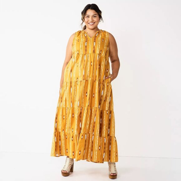 NWT Sonoma Goods for Life Tiered Maxi Dress Size XXL Deep Gold Ikat Stripes - Picture 1 of 1